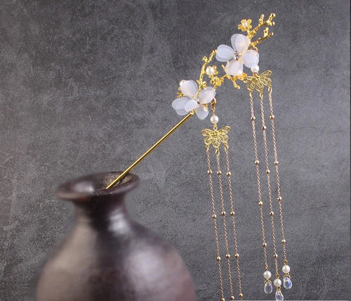 Ancient style hairpin with plum blossom branch, white flower, and tassel on metal stick, gold finish