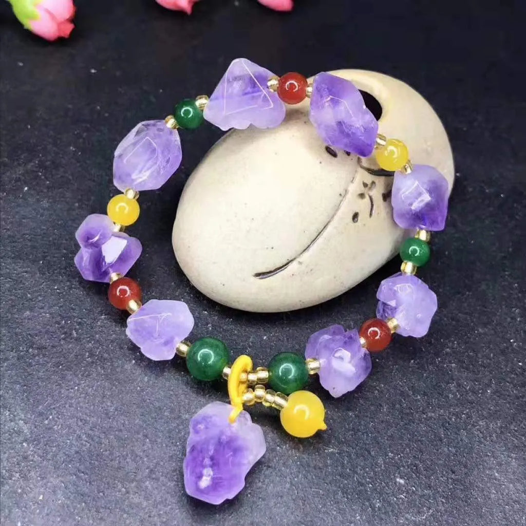Natural shaped purple amethyst bead bracelet for women featuring a Fu character design element.