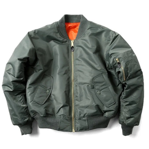 Men's loose fit nylon pilot jacket in army green, shown with cotton padding and double-sided wear-resistant construction.