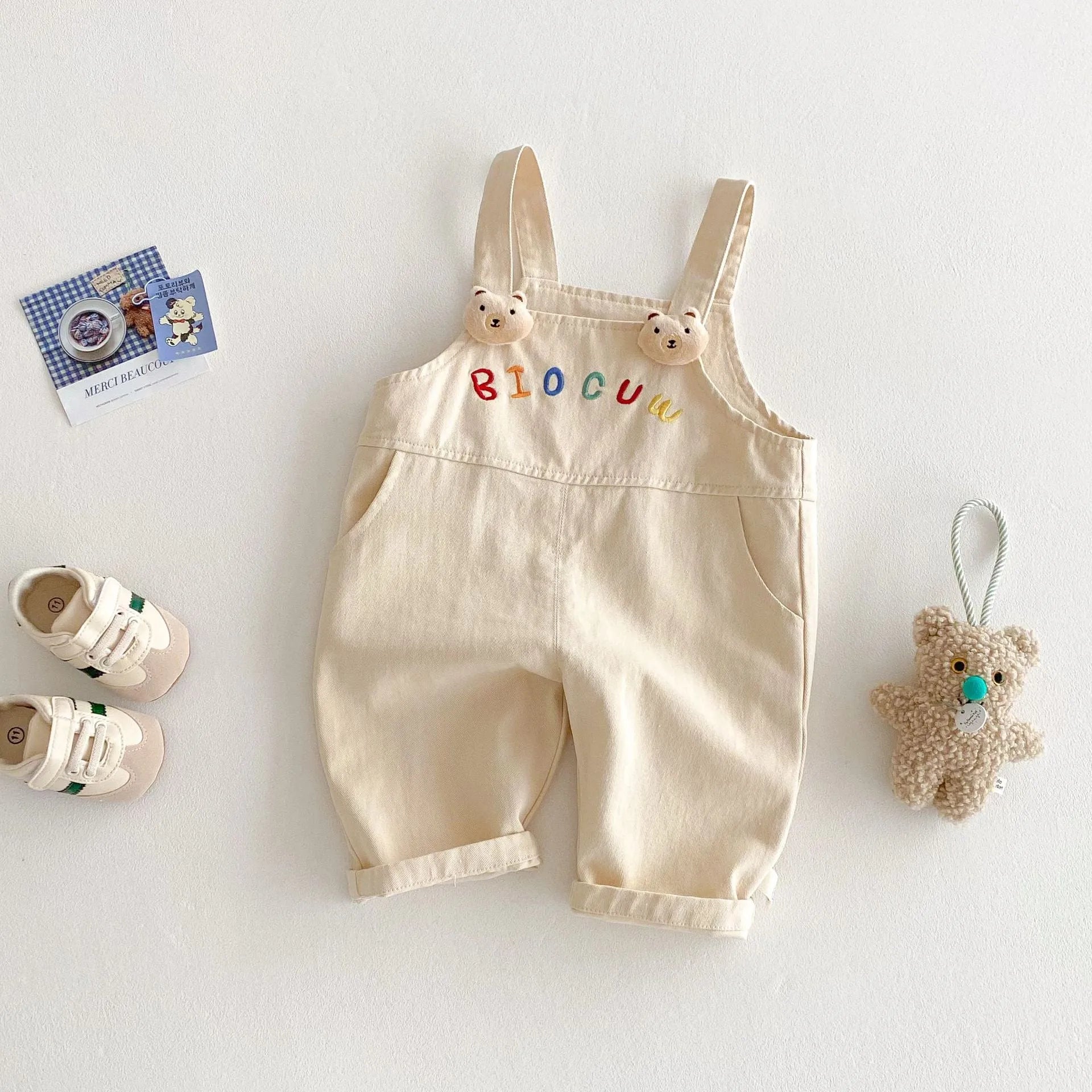 Children's cotton suspender jeans overalls in almond beige for girls, mid-waist style