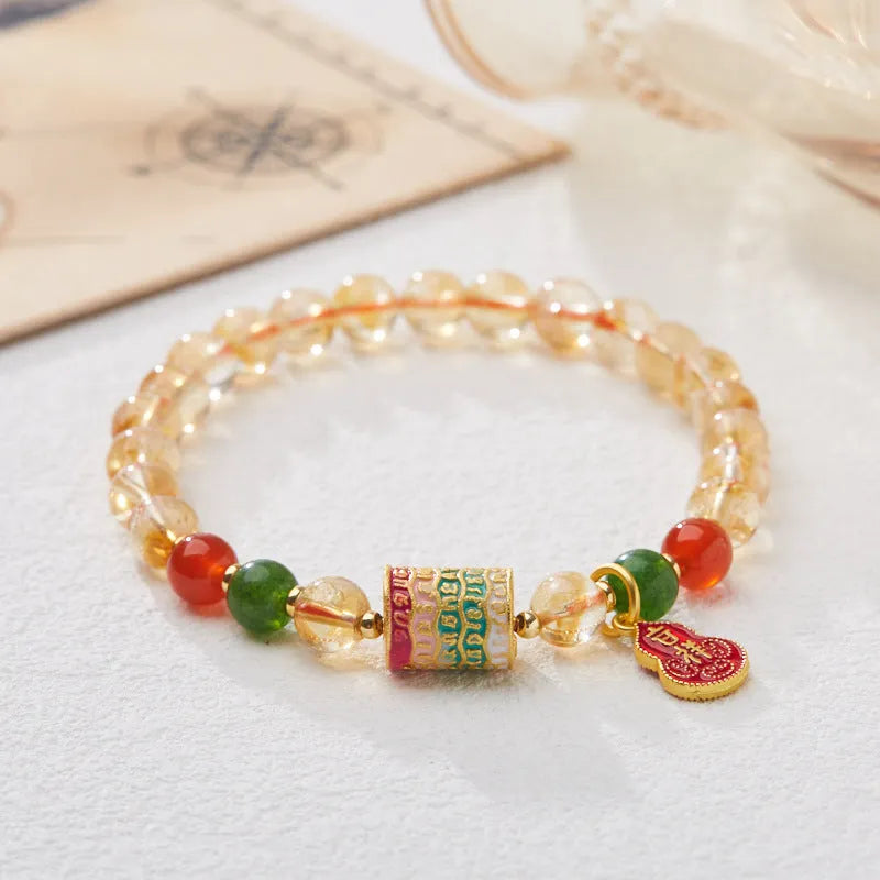 Hand-woven citrine crystal bracelet with five-sutra geometric pattern and 6mm beads