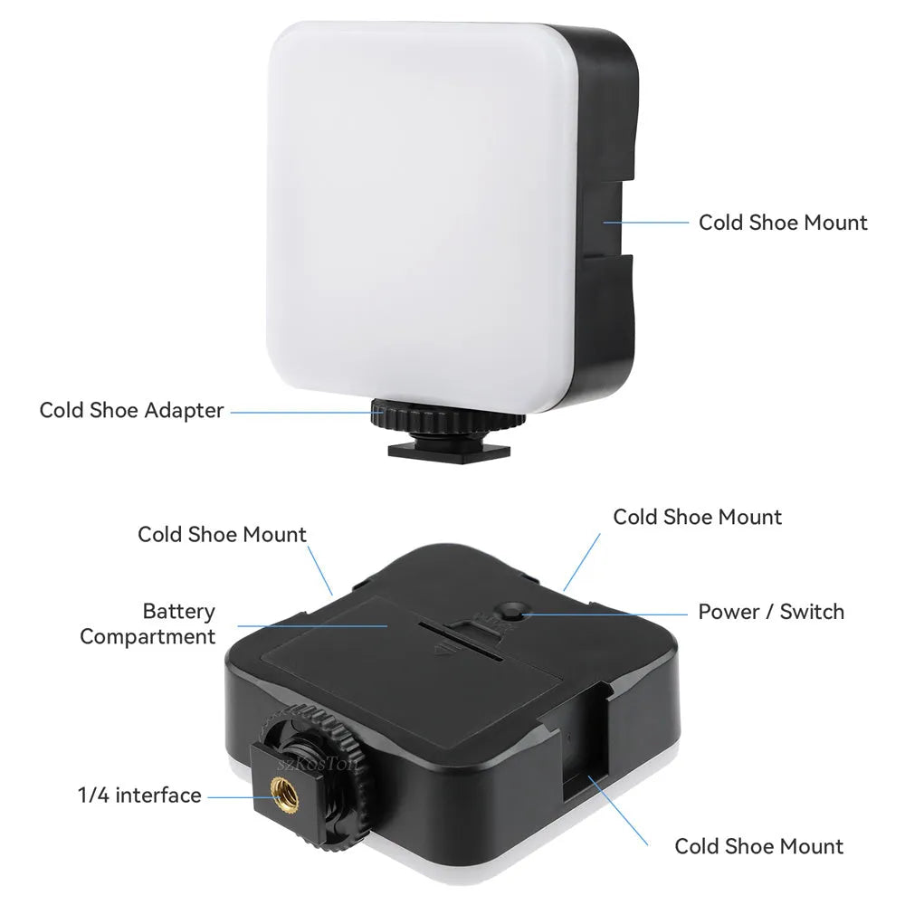LED mini square outdoor pocket light tripod with rotatable flash head showing 7.3cm compact dimensions