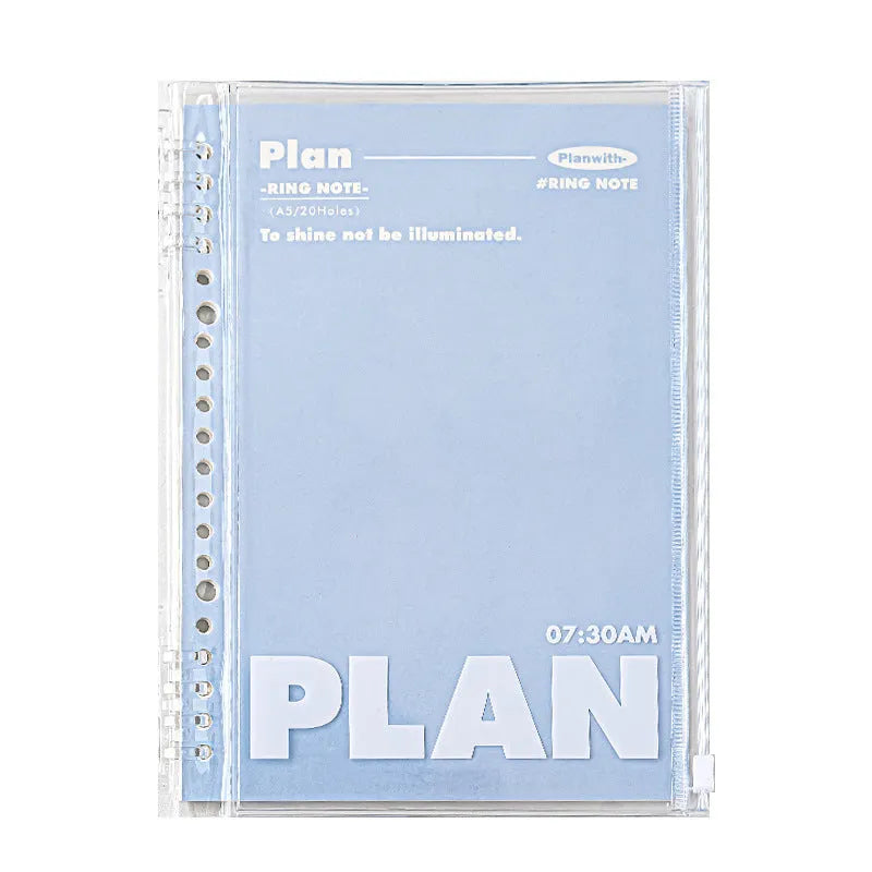 Blue and white A5 PVC spiral notebook with Wire-O binding on a flat surface