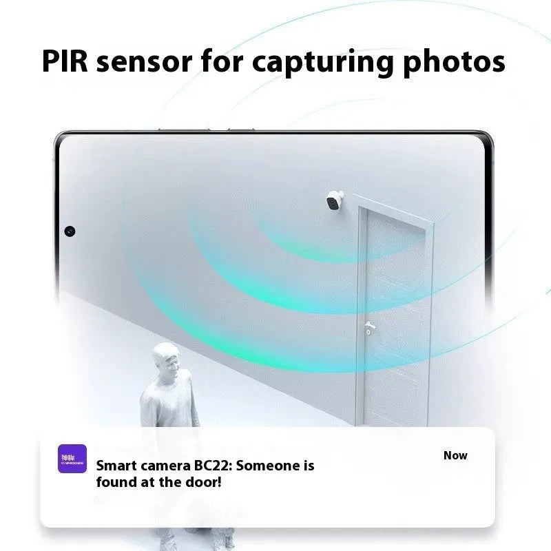 White indoor battery-powered Wi-Fi security camera with built-in bracket on a table.