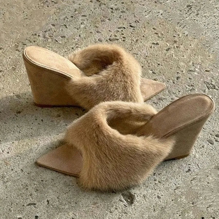 Apricot French casual wedge slippers with artificial plush upper and rubber sole for height increase