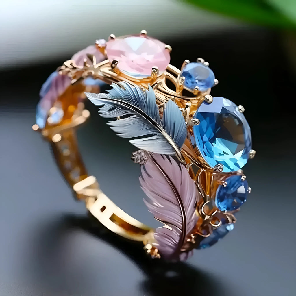 Gold-coloured brass feather ring with embossed geometric design and zircon inlay