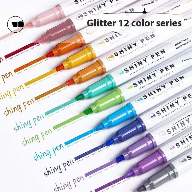 Set of four glitter fluorescent highlighter pens with pastel colours in a star river design box.