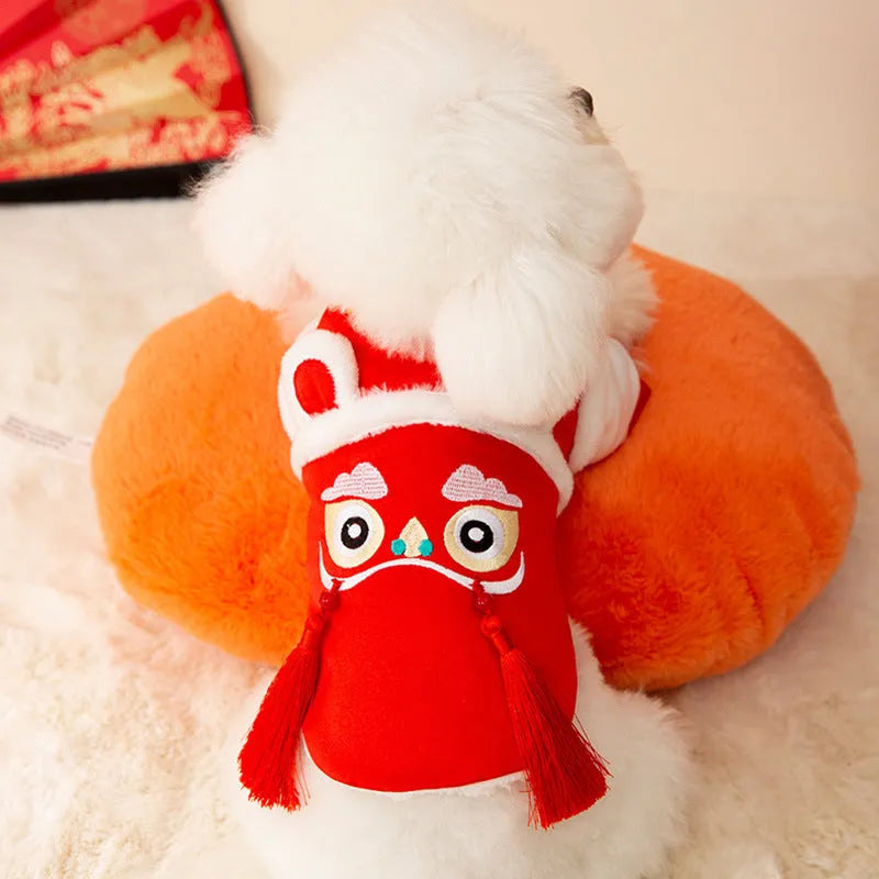 Lion Dance Pet Outfit red cotton-padded dog costume with embroidery and tassels for New Year