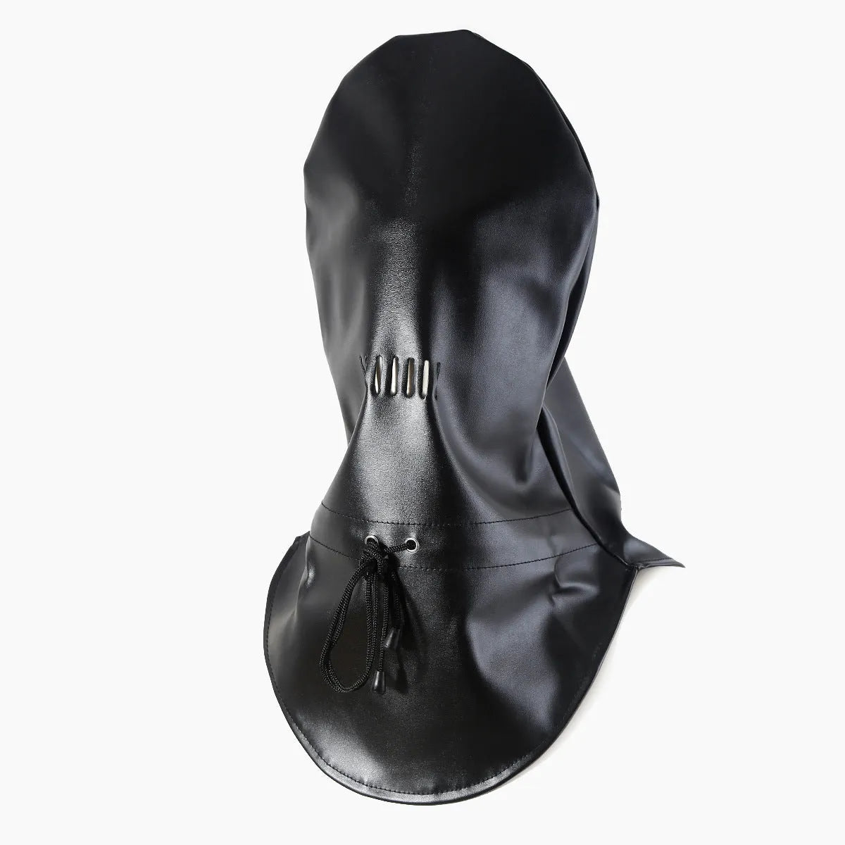 Black leather BDSM mask with adjustable strap for breathable adult training