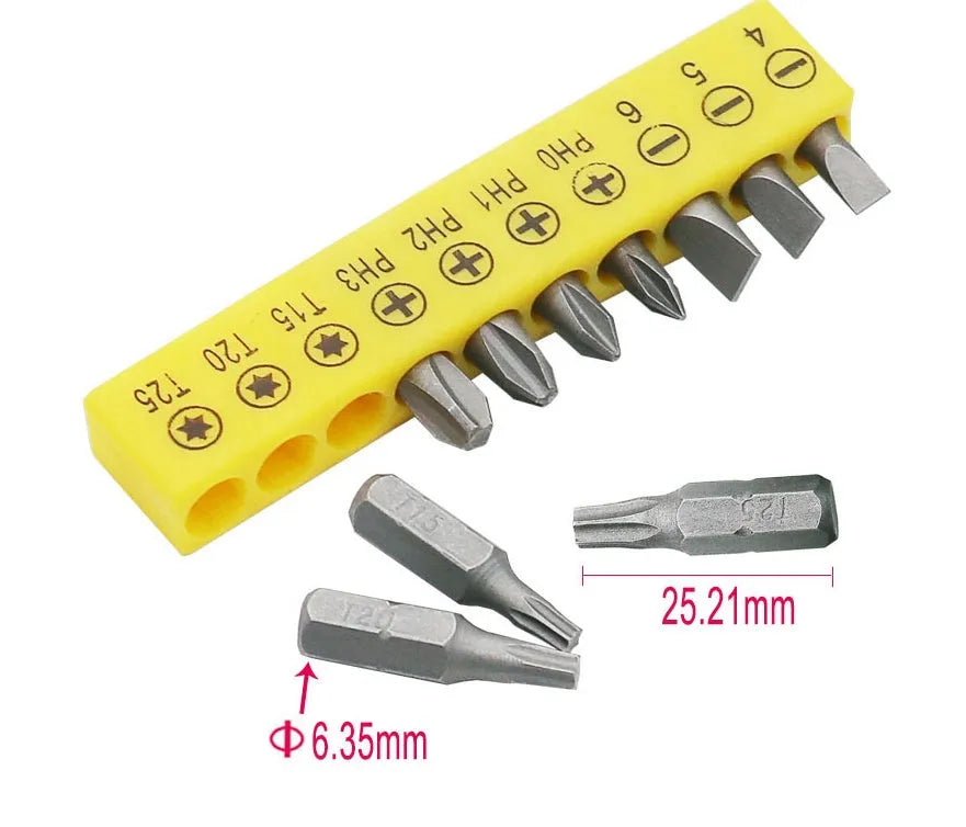 L-shaped double-headed socket wrench with 10 steel screwdriver bits for confined space fastening