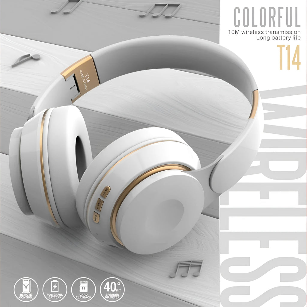 Foldable Bluetooth wireless headset in multiple colours shown open for wear and folded for storage.
