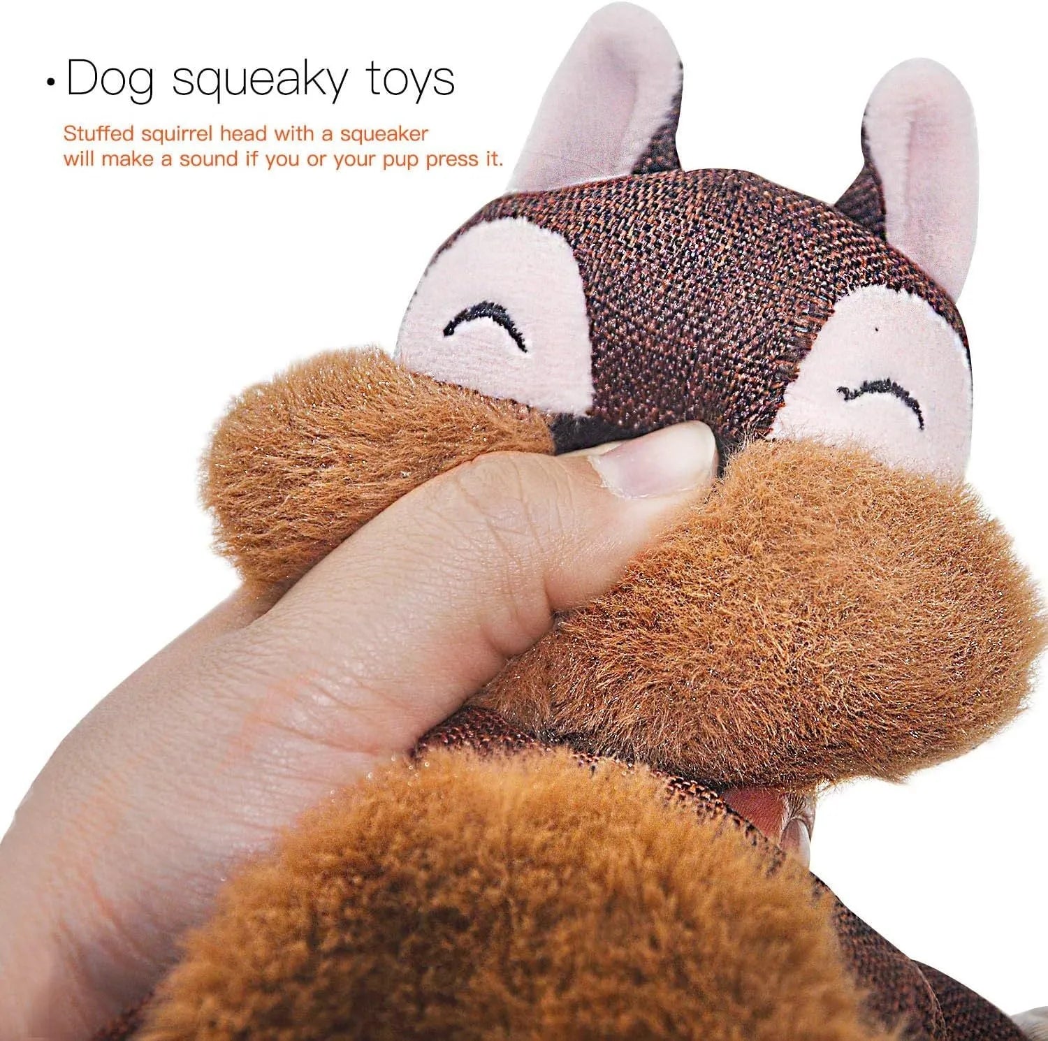 Brown fox dog toy with squeaker, crinkle paper, and cotton rope through limbs