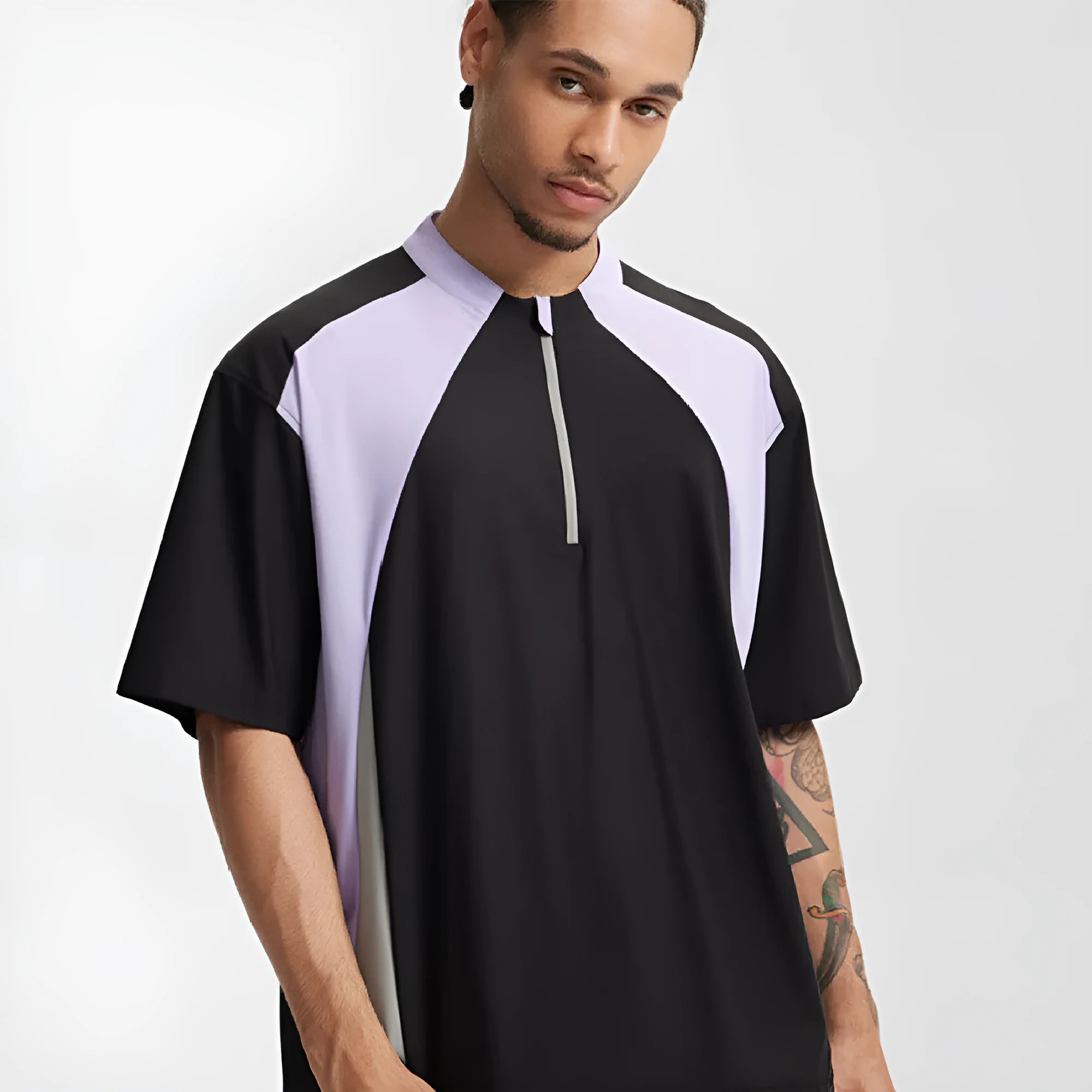 Men's solid colour polyester casual top shown in black and beige, available in long sleeve and short sleeve styles.