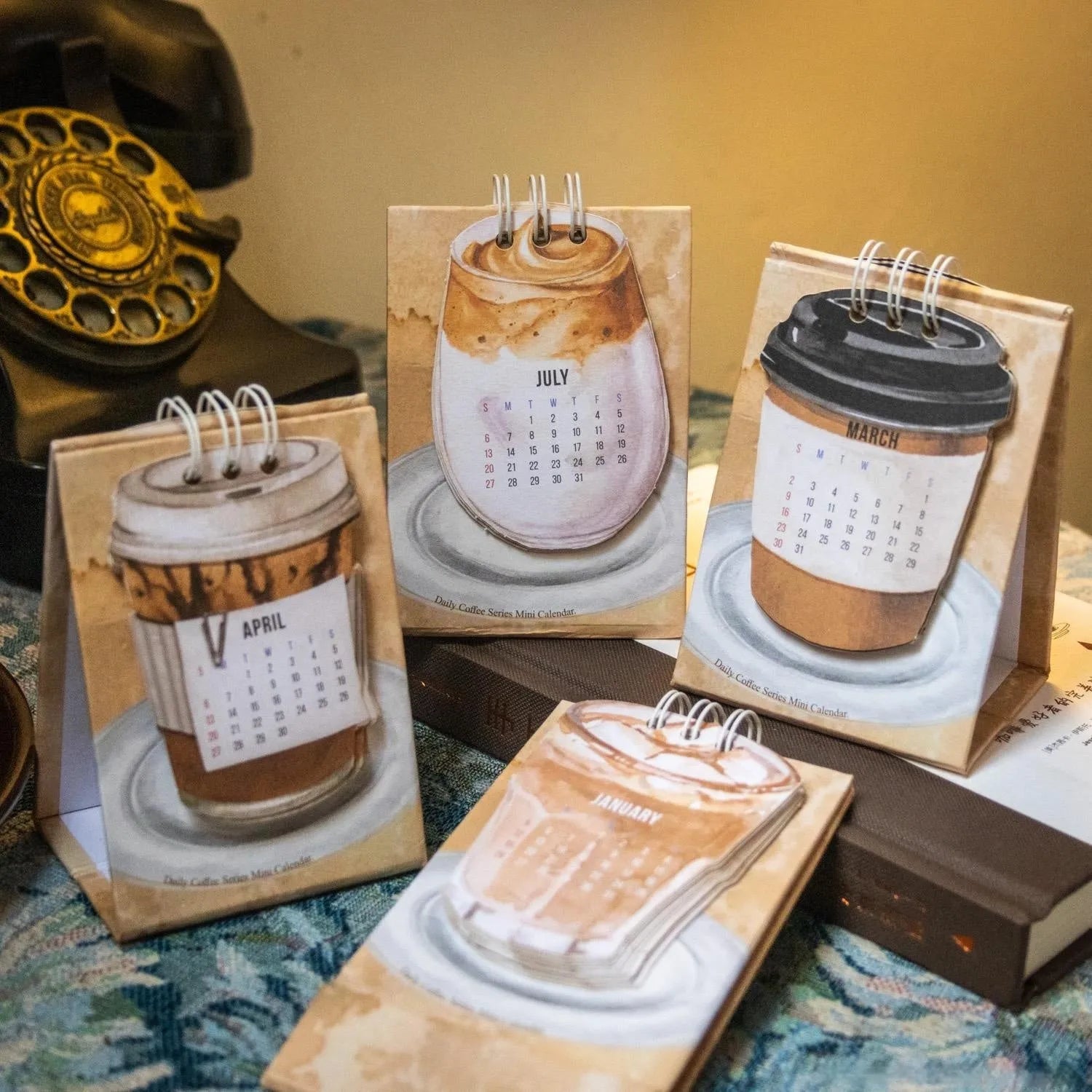 Mini 2025 desk calendar showing coffee theme with motivational design