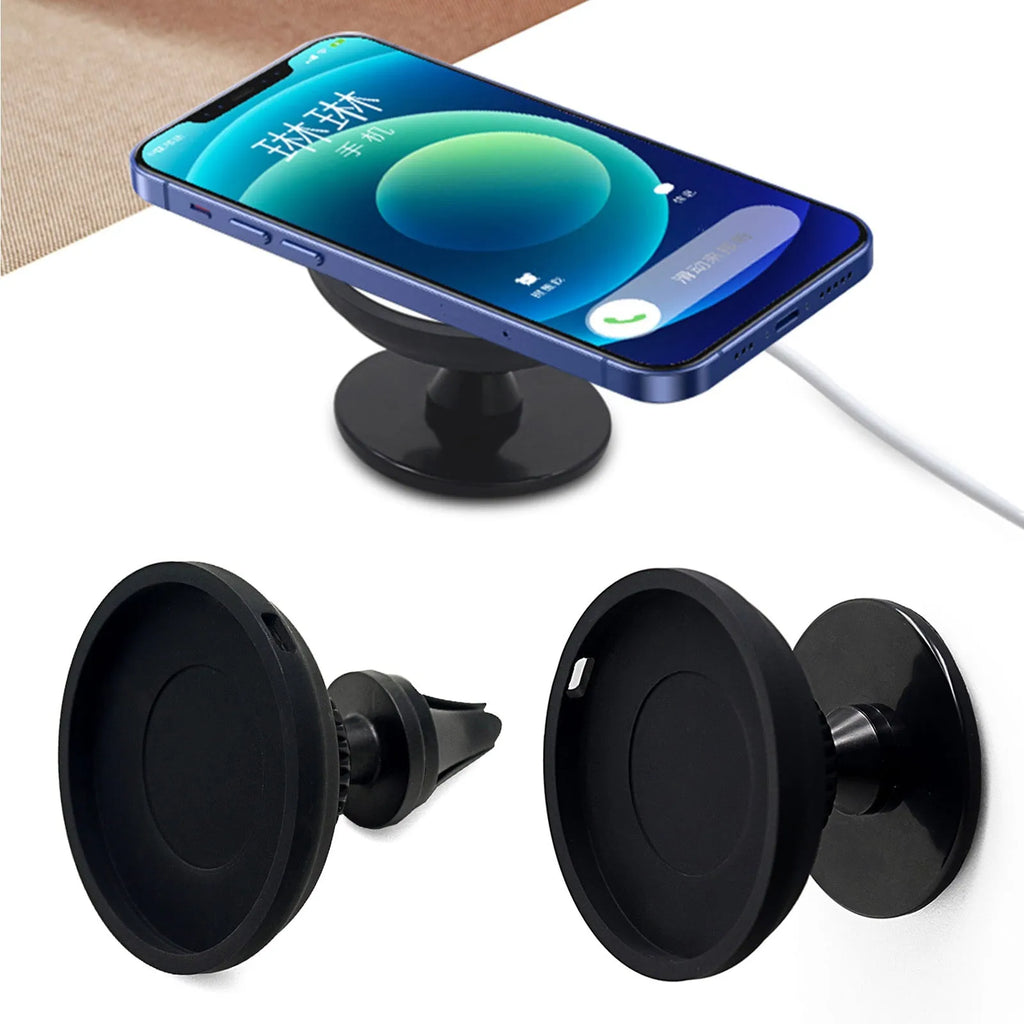 Black plastic magnetic car phone holder with dashboard and air vent mounting brackets