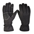 Army green tactical ski gloves with non-slip palm on a snowy background.