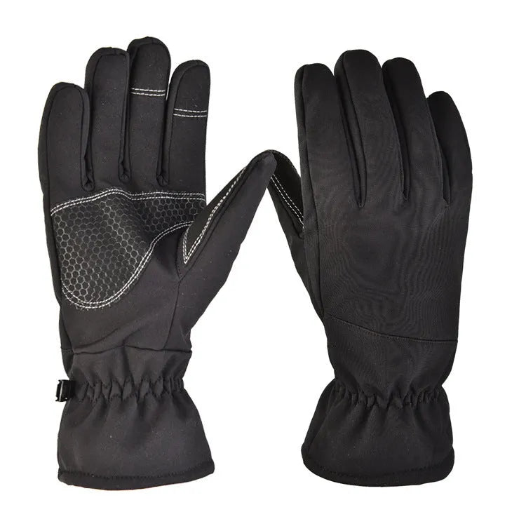Army green tactical ski gloves with non-slip palm on a snowy background.