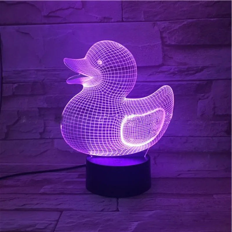 Little yellow duck 3D night light with acrylic panel and ABS base showing colour options