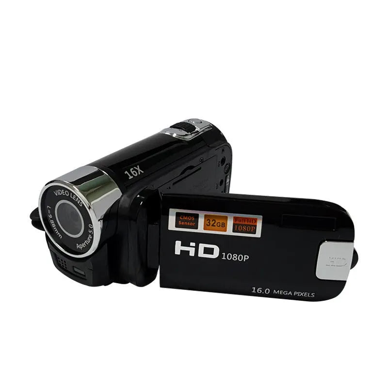 16MP HD digital camera with 2.7-inch screen, 16x zoom, shown in black, white or red, compact 13x7x11cm body