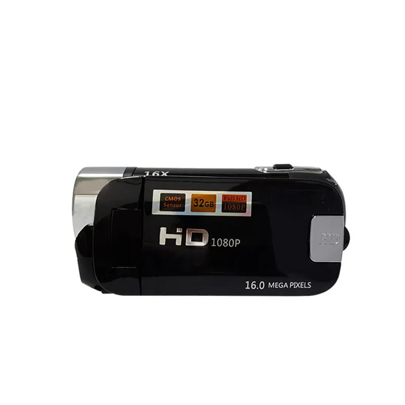 16MP HD digital camera with 2.7-inch screen, 16x zoom, shown in black, white or red, compact 13x7x11cm body