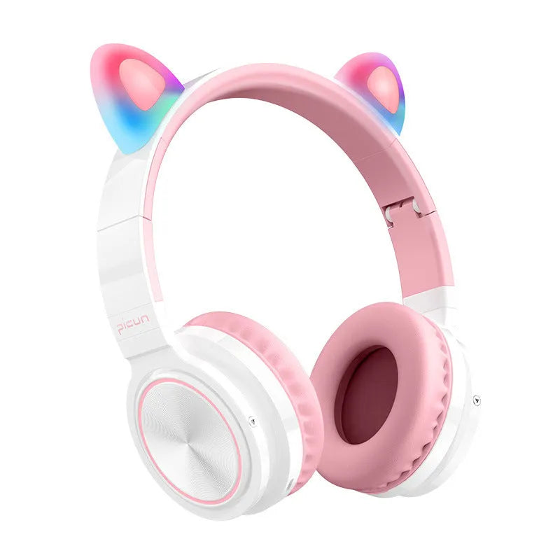 Pink and white luminous Bluetooth wireless headset with head-mounted design and 40mm speakers