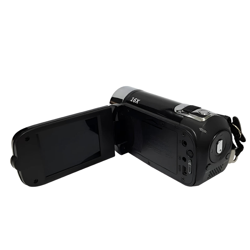 16MP HD digital camera with 2.7-inch screen, 16x zoom, shown in black, white or red, compact 13x7x11cm body