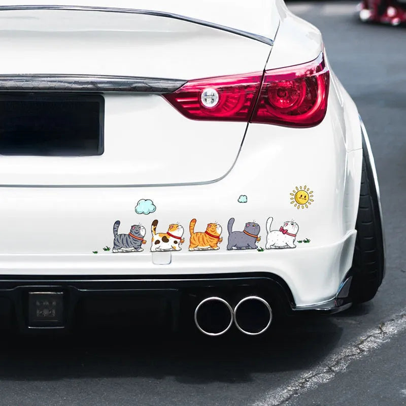 Funny vinyl car sticker showing five cats walking, waterproof PVC adhesive for vehicle decoration.