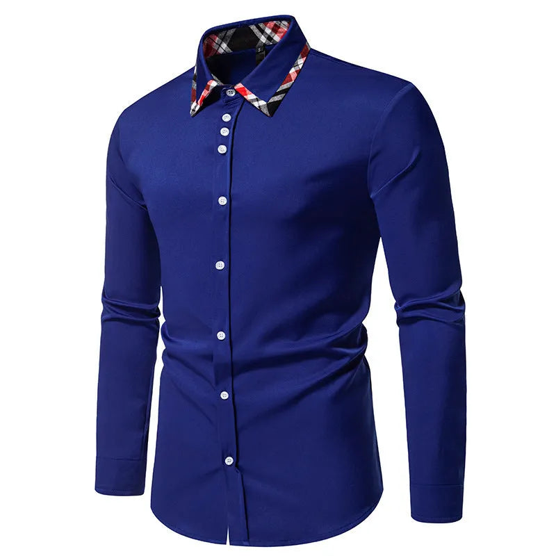 Men's blue plaid long sleeve shirt with a contrast triangle collar on a hanger.