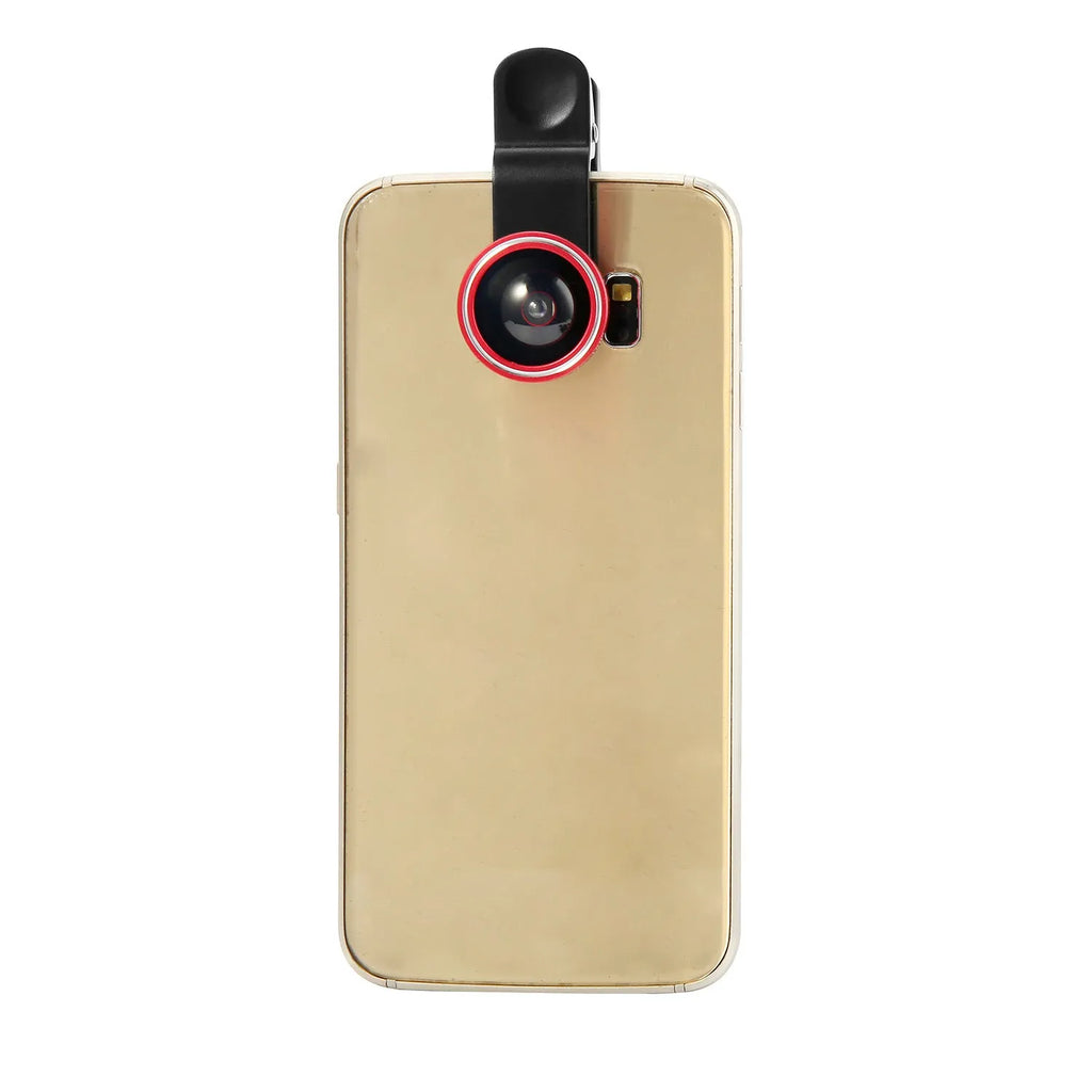 Smartphone with a silver clip-on lens attachment showing wide-angle, macro, and fisheye lenses.
