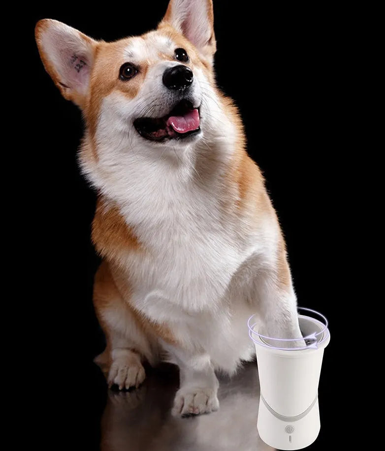 White pet electric foot washer with ABS plastic cylindrical body standing on paws