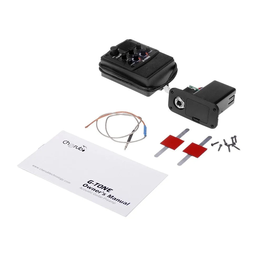Black Cherub GT-6 acoustic guitar EQ pickup control unit with knobs for tone, volume, and effects.