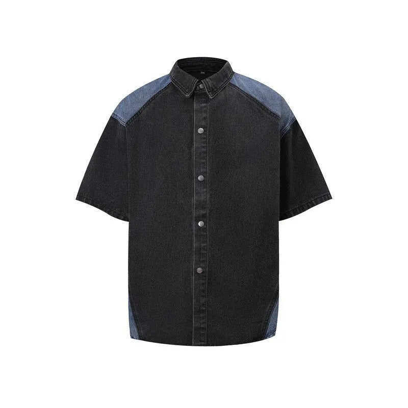 Men's retro washed denim suit set with short sleeve jacket and trousers in blue.