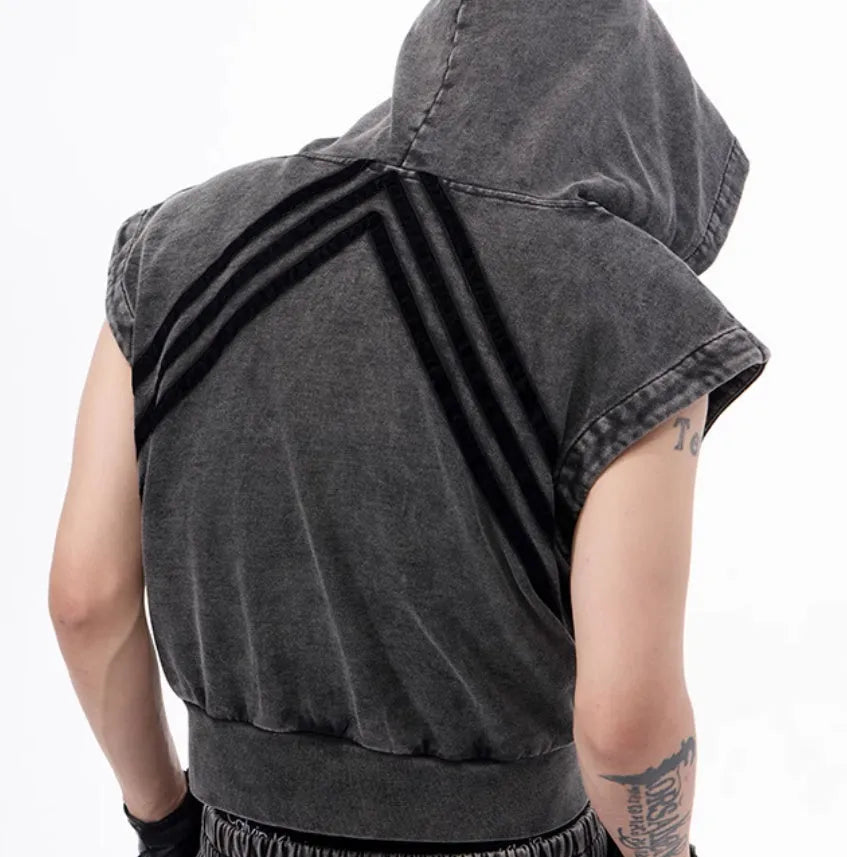 Stitching fur washed sleeveless hooded vest in black and gray - front zipper, short length, Korean style for teenagers