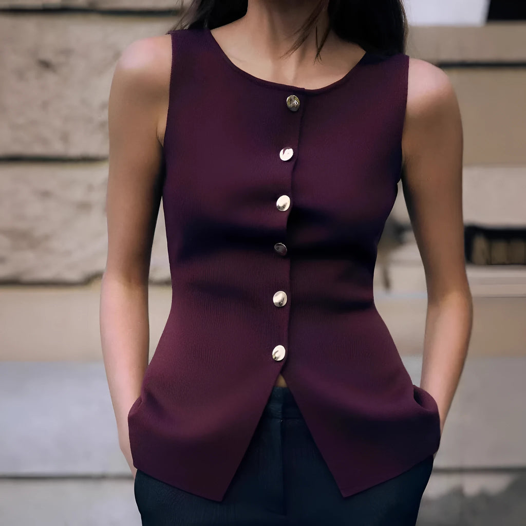 Dark red slim-fit sleeveless vest with gold buttons and a raised 3D pattern on a hanger.