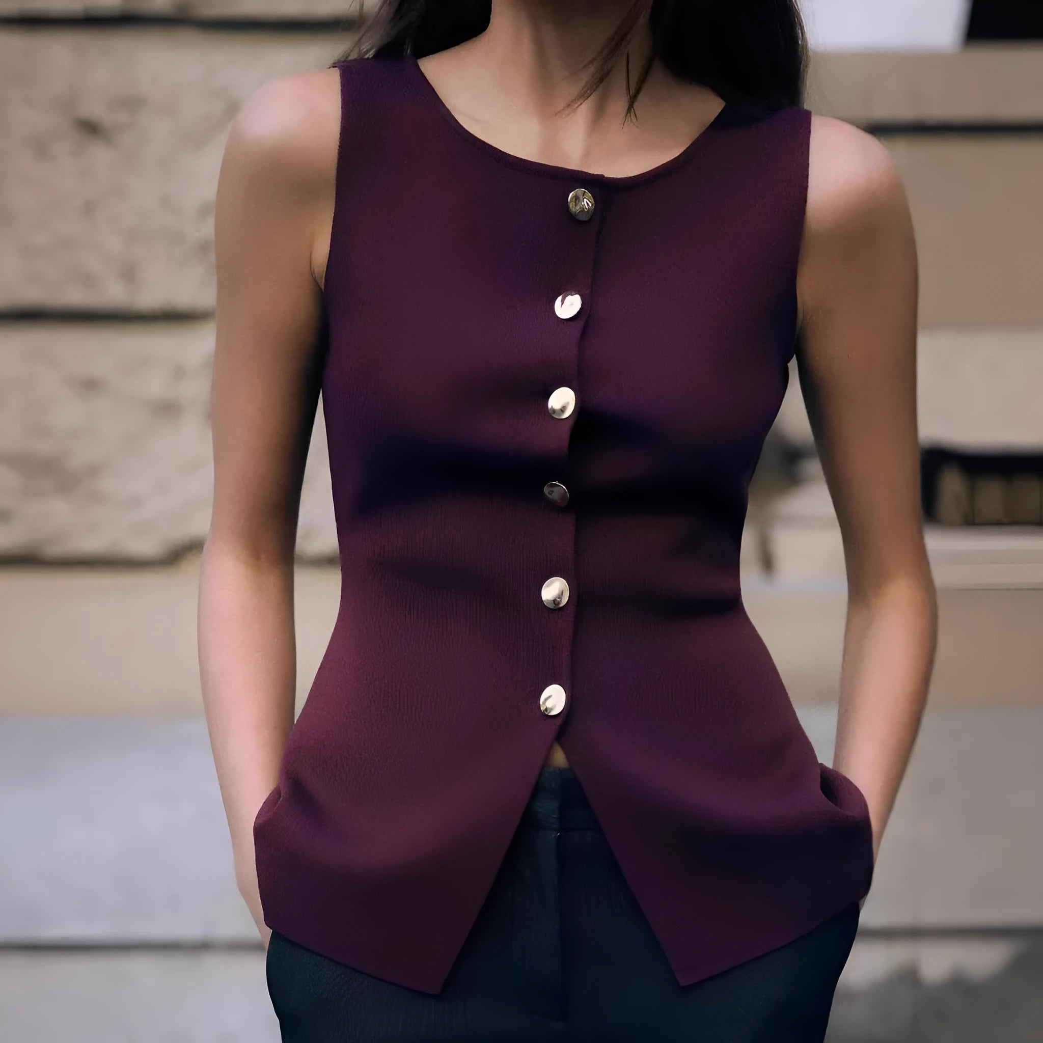 Dark red slim-fit sleeveless vest with gold buttons and a raised 3D pattern on a hanger.