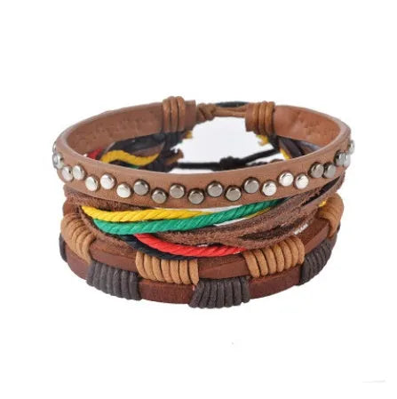 Hand-woven leather bracelet with wooden beads and adjustable design for vintage punk style