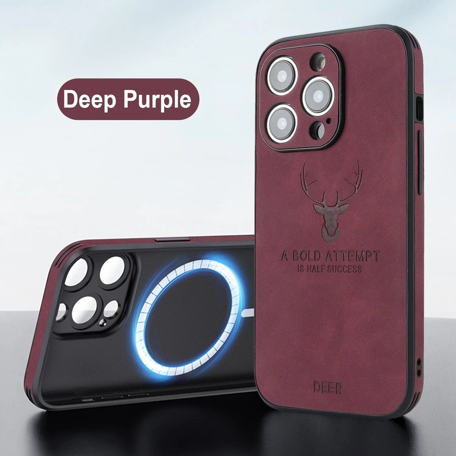 iPhone 16 series imitation leather phone case with embossed moose head design showing magnetic charging compatibility