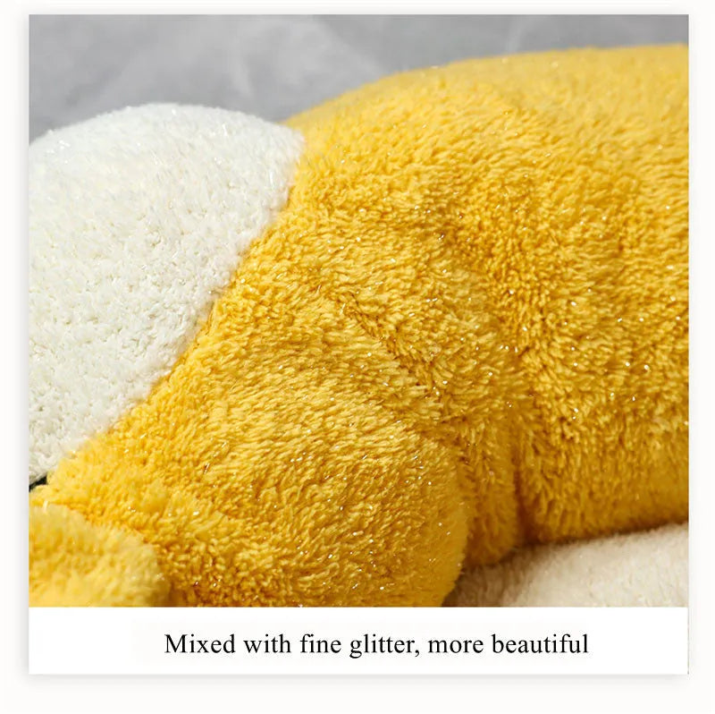 Corgi-shaped soft plush pet bed for dogs and cats, shown in three available sizes.