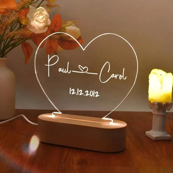 Custom acrylic LED night light with personalised names and date for couples