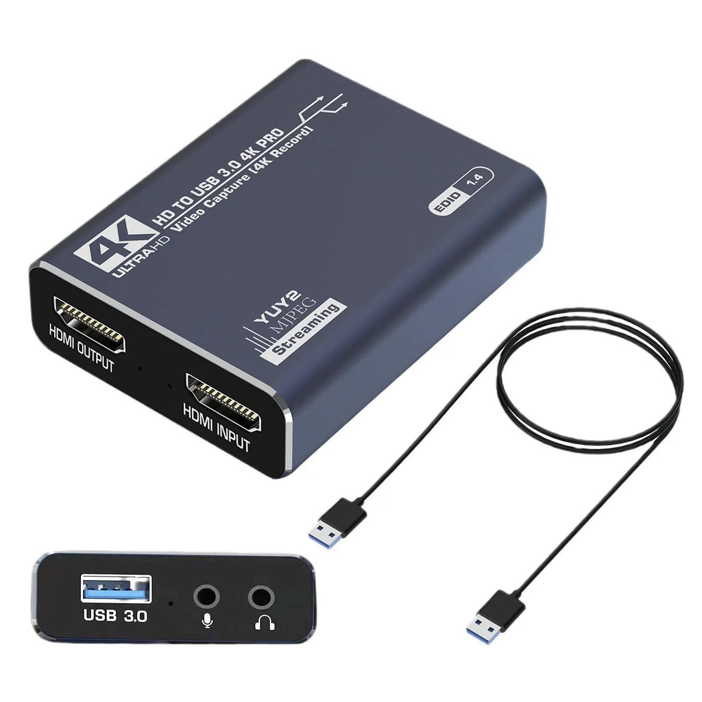 Black 4K set-top box for gaming recording and 1080p media streaming with data cable