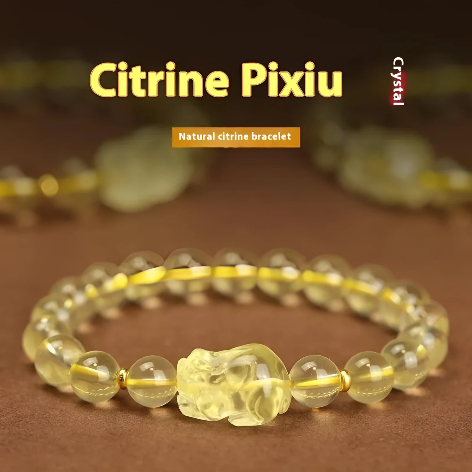 Yellow leather bracelet with a citrine-coloured artificial crystal Pi Xiu charm.
