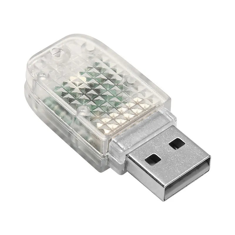 Multi-function car USB ambience light with touch switches for white, blue, ice blue, pink, and RGB voice control modes.