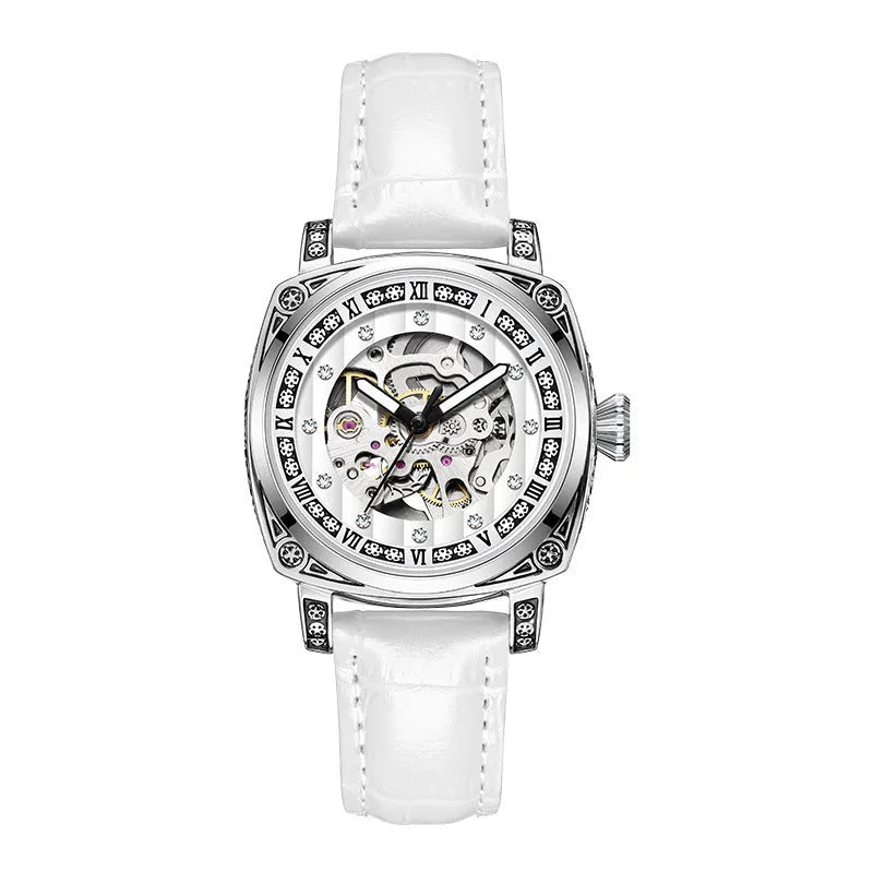 Mechanical watch with luminous hands and a black leather strap, showing 10m water resistance.