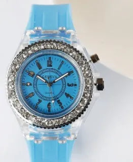Geneva women's LED luminous quartz watch with silicone strap and round 43mm dial