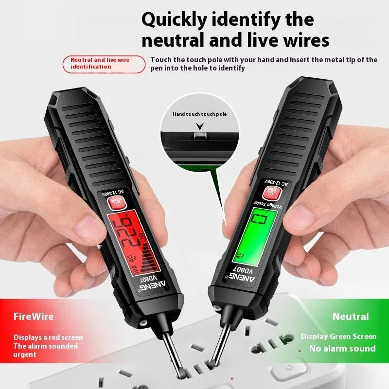 Black digital voltage testing pen with LCD screen showing voltage reading, used for zero line detection.