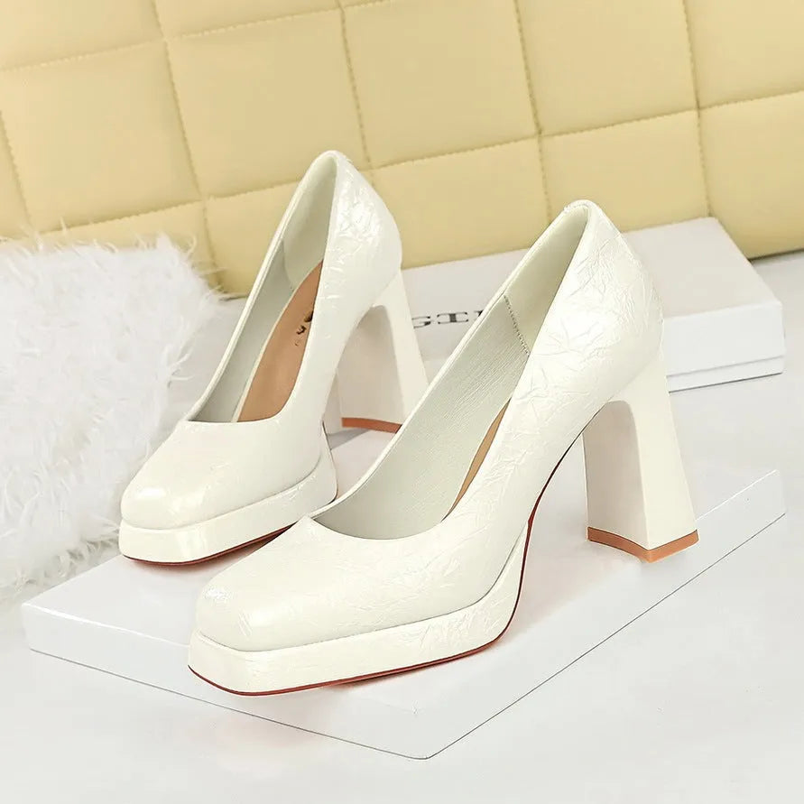 Waterproof platform square-toe ultra-high block heels for women in burgundy patent leather with rubber sole