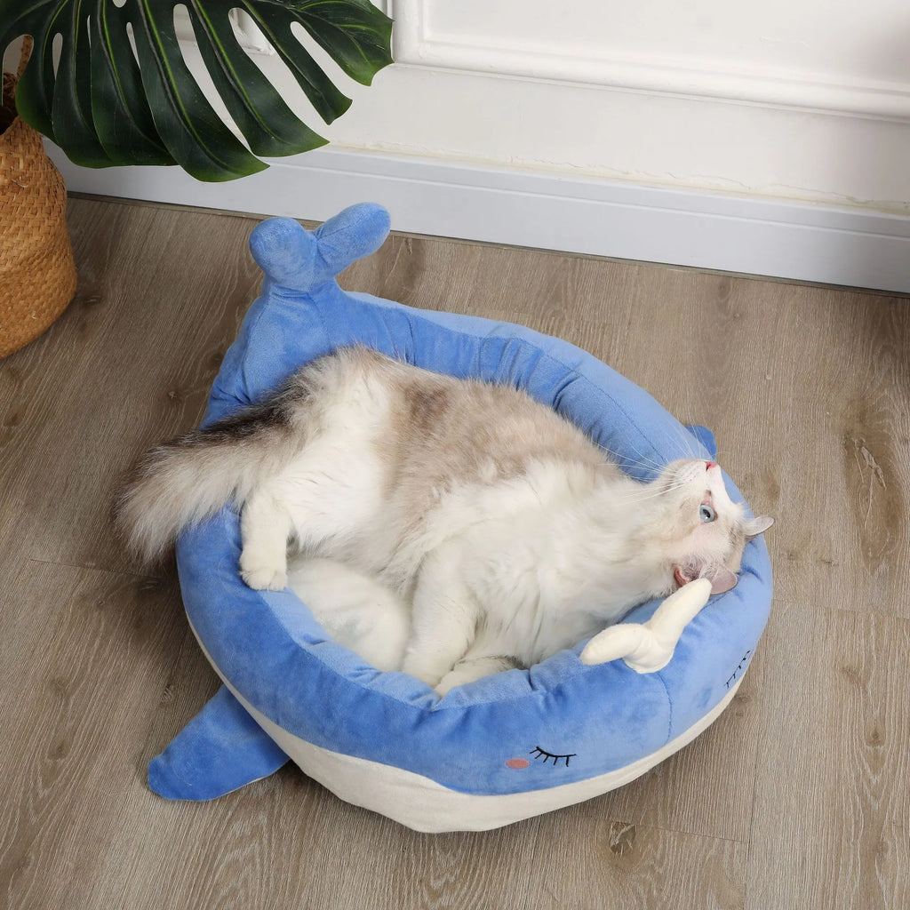 Blue duck-shaped pet bed for small dogs and cats with soft polyester material
