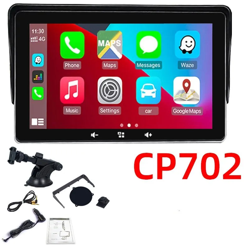7 inch wireless CarPlay display with suction cup mount and cigarette lighter power adapter