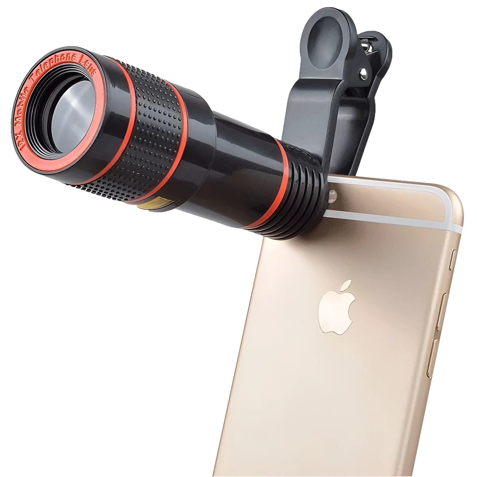 12X magnification phone telescope lens with mounting clip and cleaning cloth on a table.