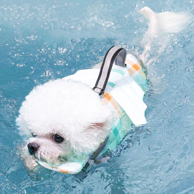 Dog swimming life jacket in polyester woven EVE buoyancy cotton, available in six sizes XS to XXL and four colours.